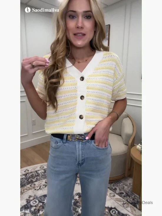 Crochet Knit Cardigan Sweater Short Sleeve V-Neck Button Down - Picture 7 of 7